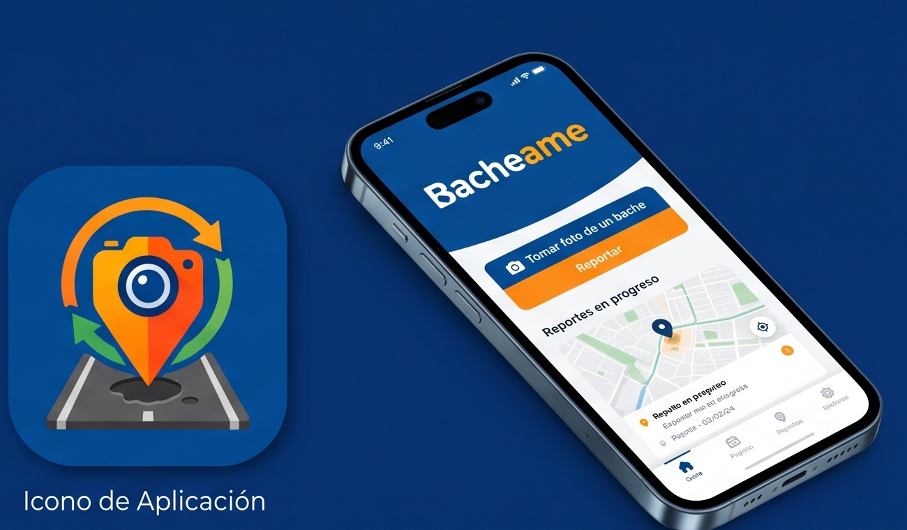 Concepto visual de la aplicación móvil Bacheame con mapa y reporte fotográfico
